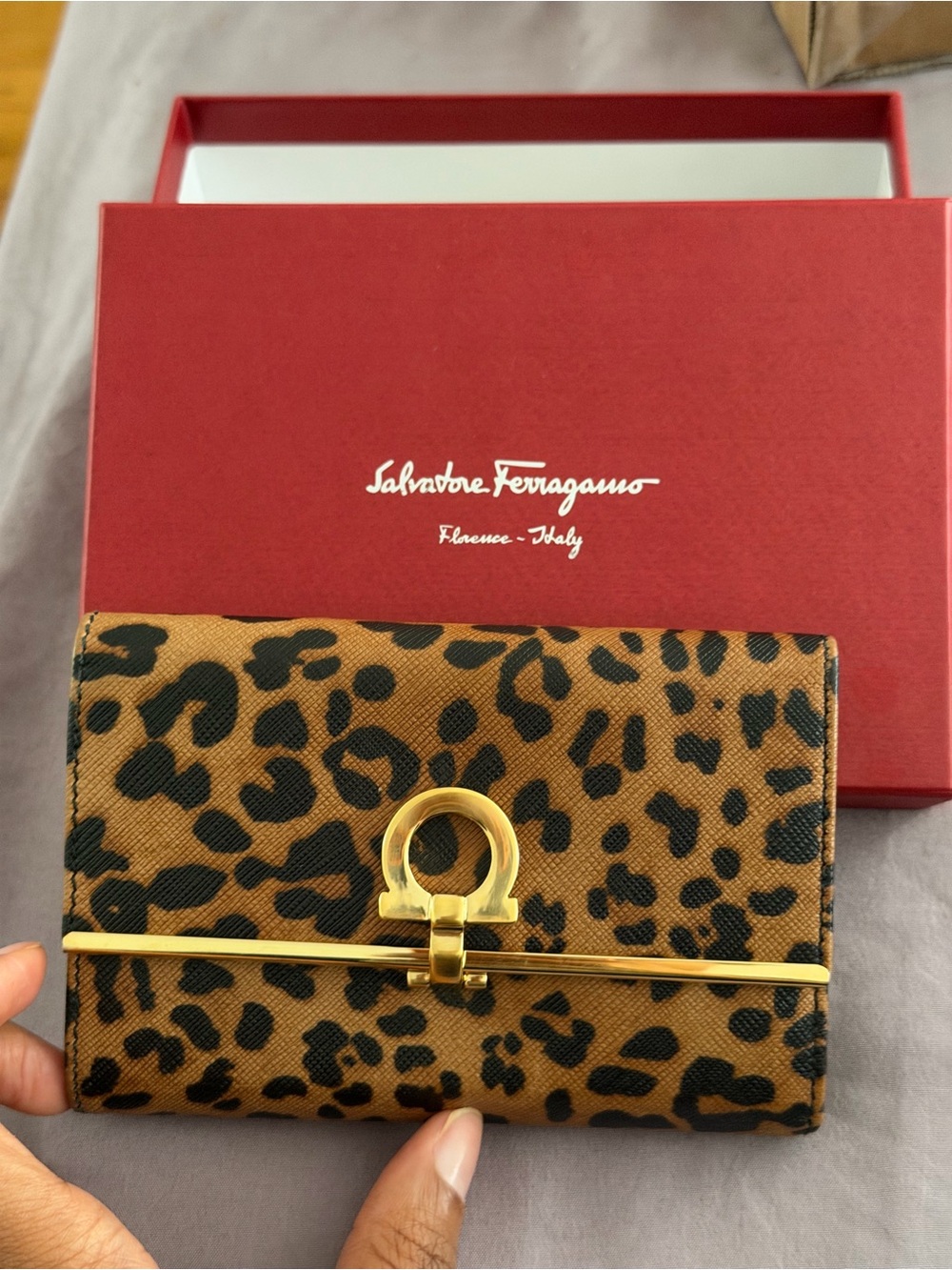 Salvatore Ferragamo Leopard Print Wallet in Brown and Black with Gold Hardware